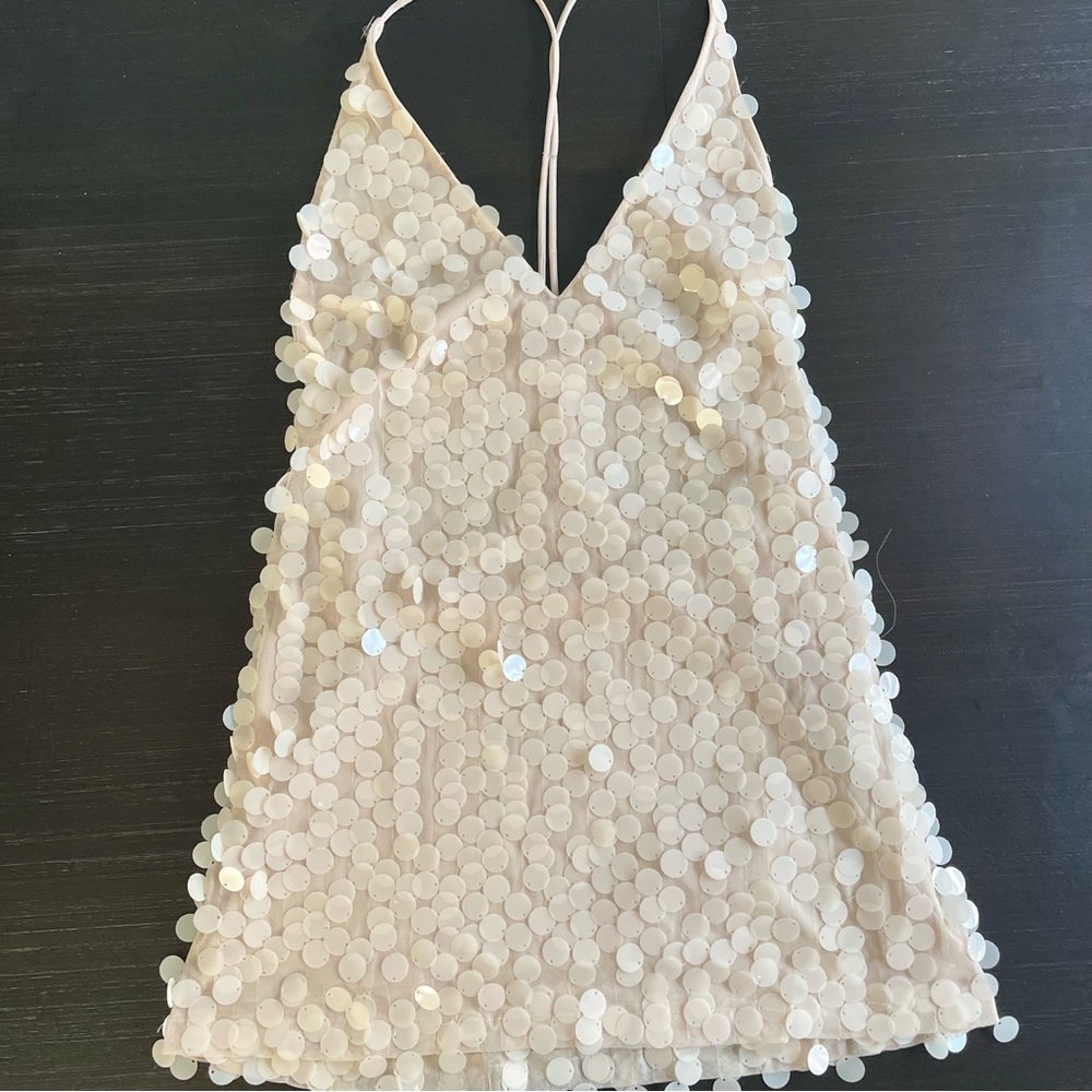 FINN SLIP DRESS IN CREAM SPECKLE SEQUIN V-NECK BY MOTEL ROCKS IN SMALL